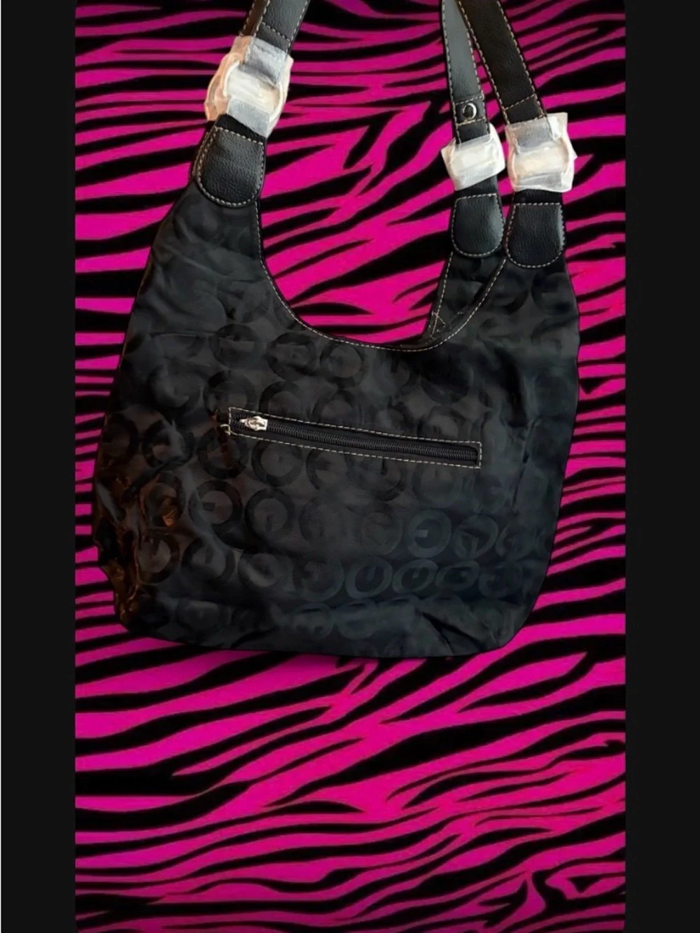 Black embroidered Studded Hobo Bag with Logo Accent